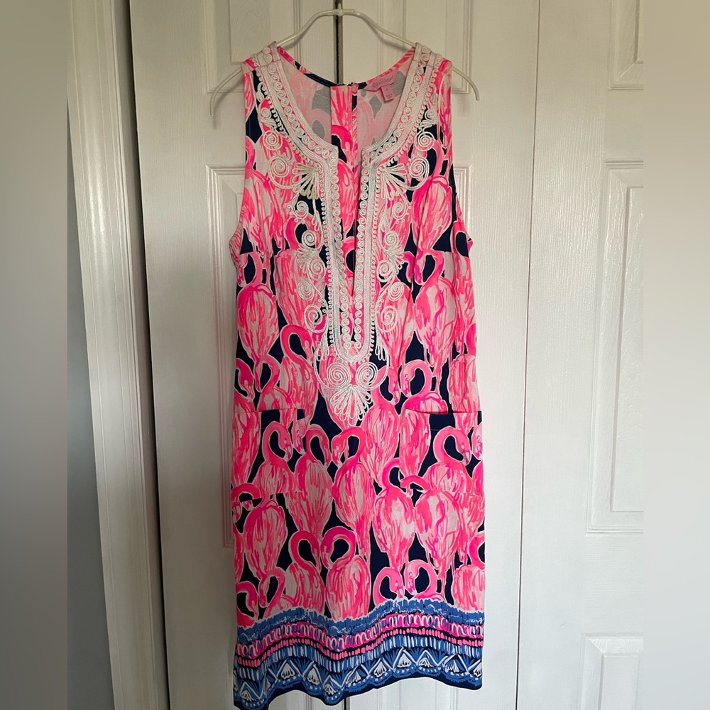 Lilly Pulitzer Carlotta High Tide Navy Via Amor Flamingo Corded Lace Shift Dress